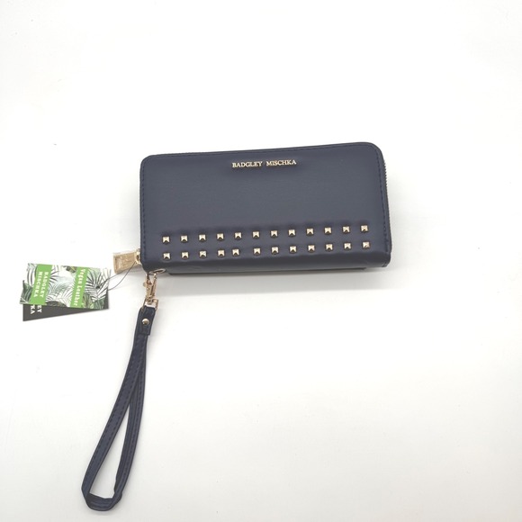 Badgley Mischka Handbags - Badgley Mischka Navy Vegan Leather Studded Wristlet Small Purse Wallet $59